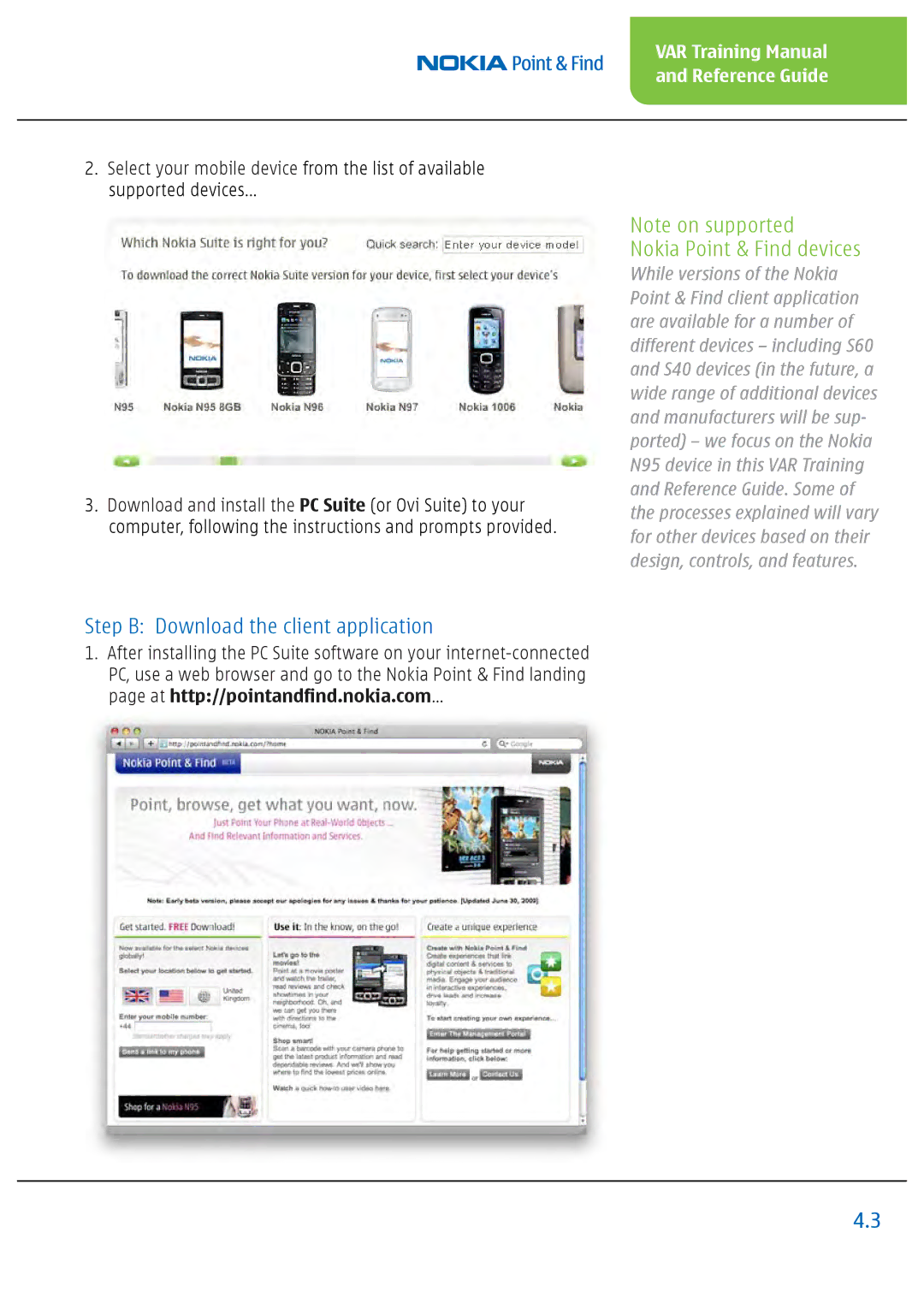 Nokia Nseries manual Step B Download the client application, Nokia Point & Find devices 
