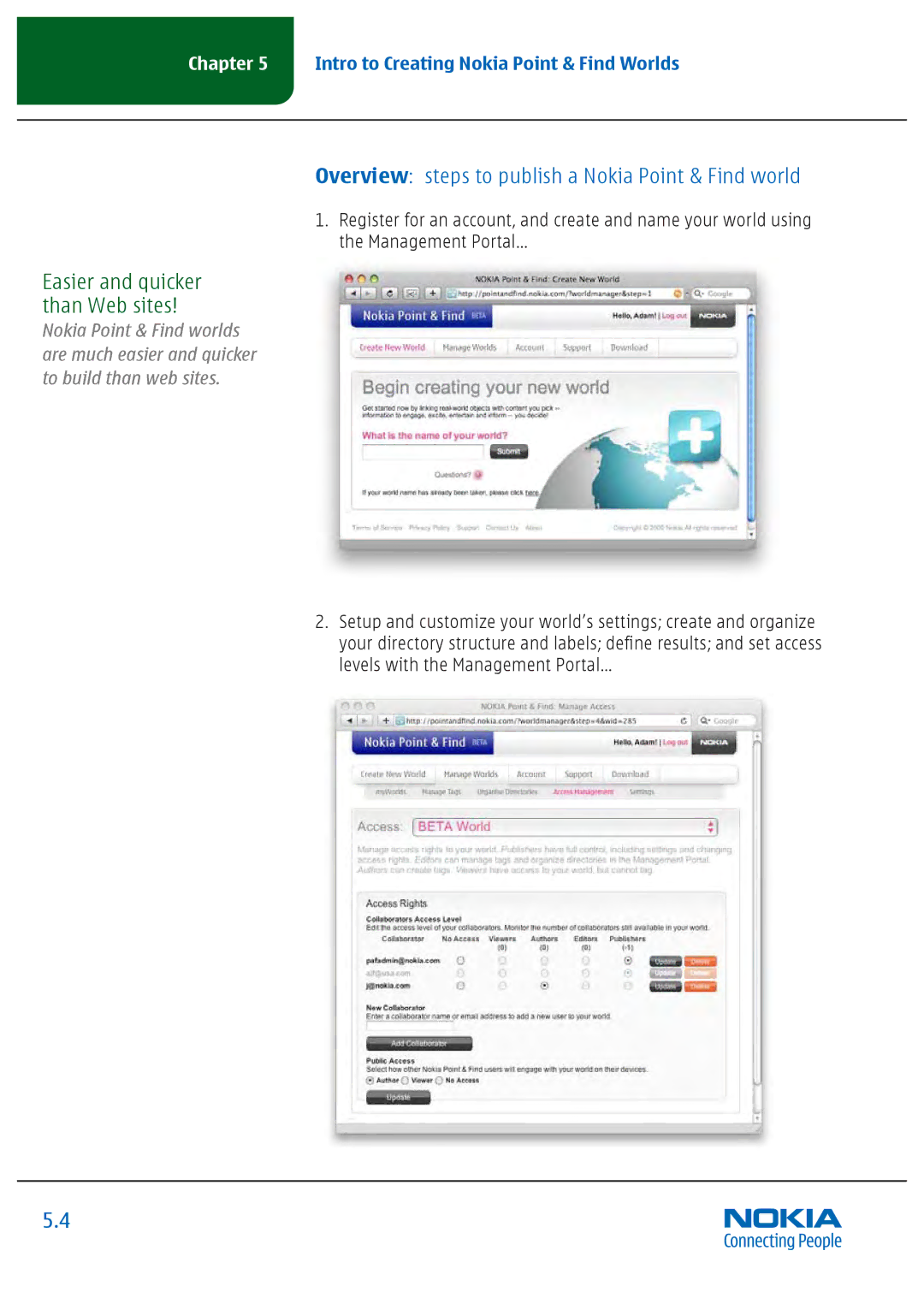 Nokia Nseries manual Overview steps to publish a Nokia Point & Find world, Easier and quicker than Web sites 