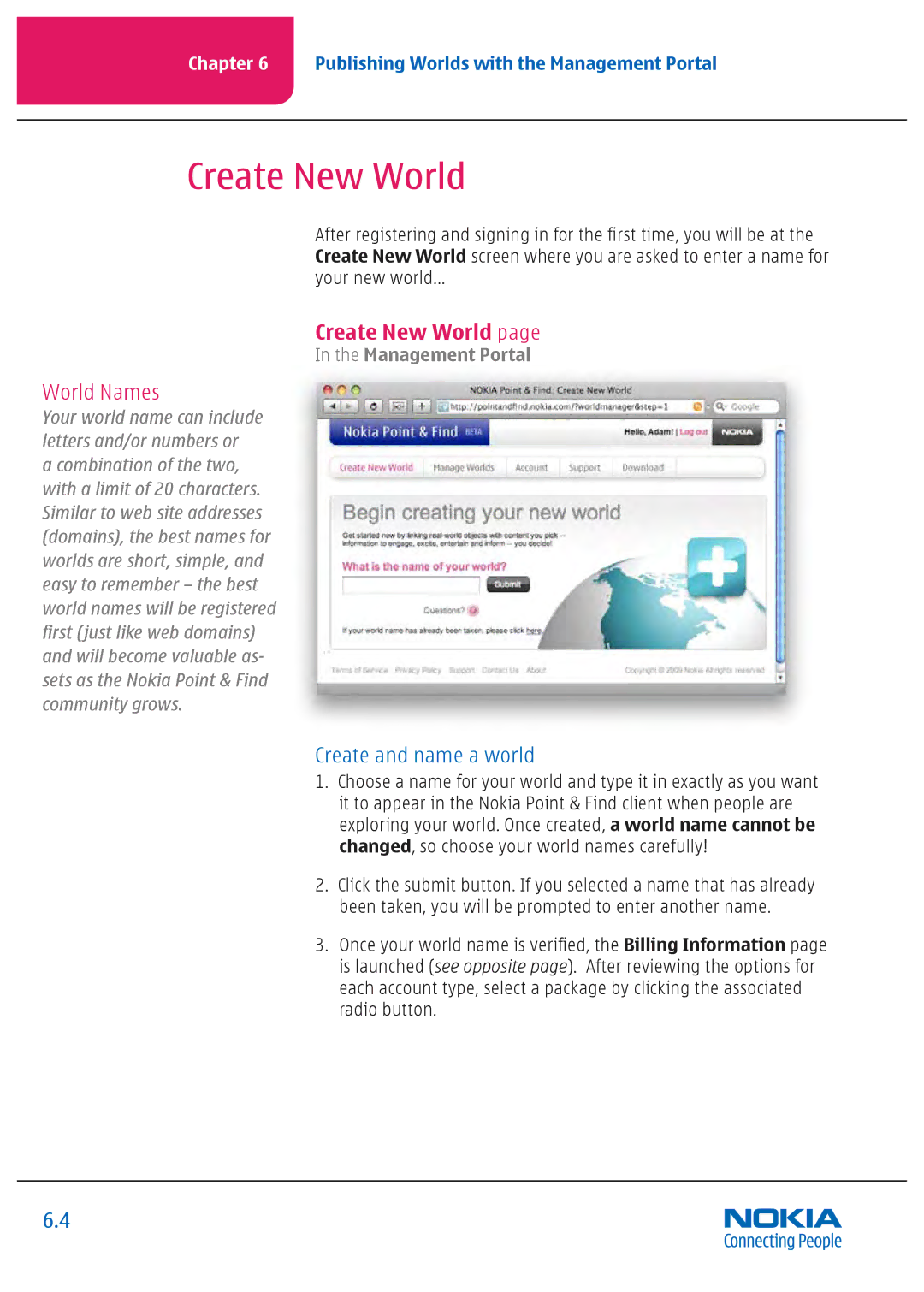Nokia Nseries manual Create New World, World Names, Create and name a world 