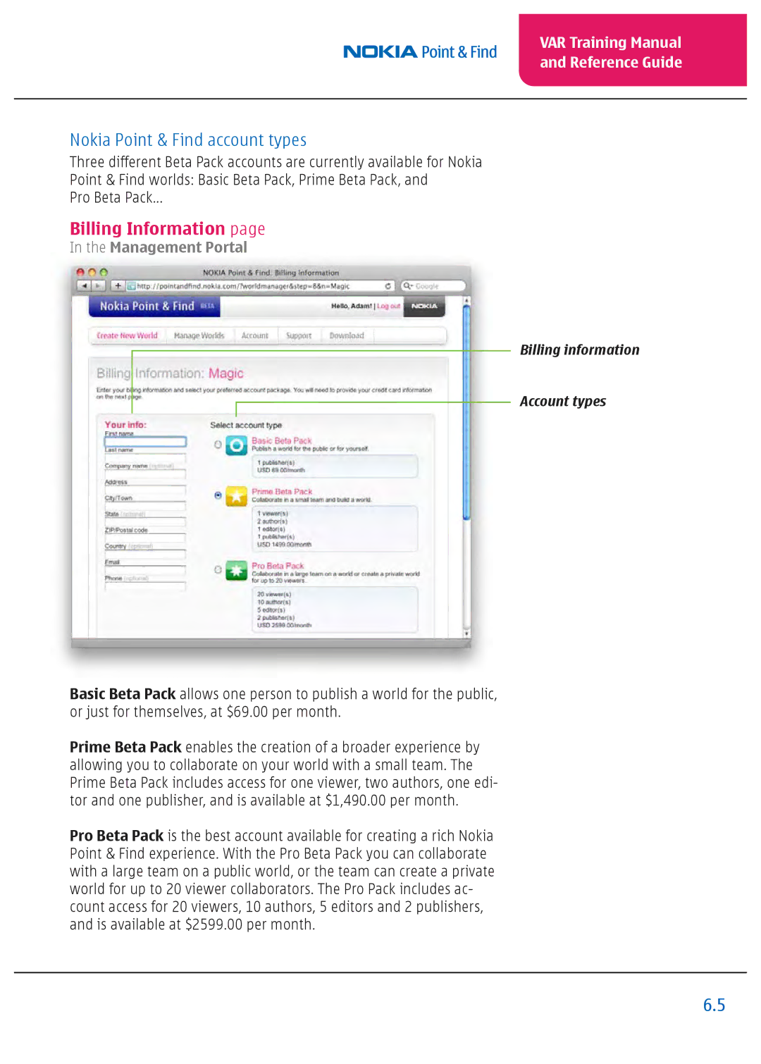 Nokia Nseries manual Nokia Point & Find account types, Billing Information 