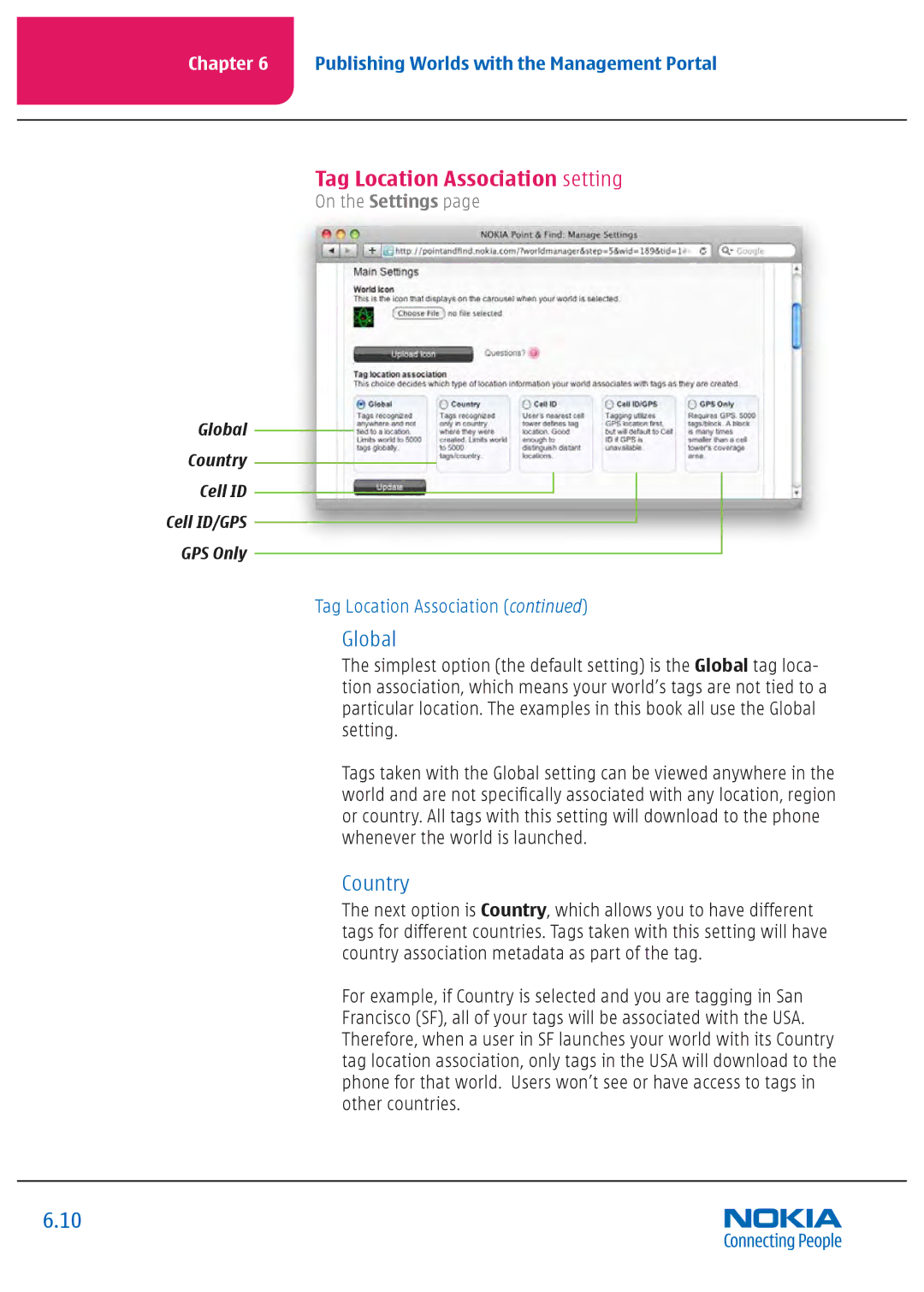 Nokia Nseries manual Tag Location Association setting, Global, Country 