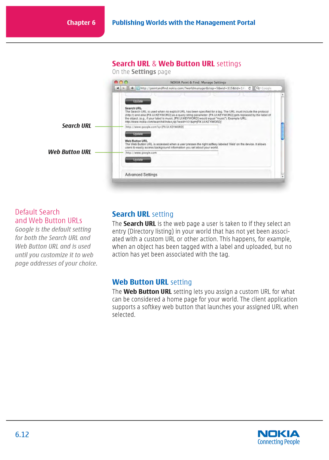 Nokia Nseries manual Search URL & Web Button URL settings, Default Search Web Button URLs, Search URL setting 