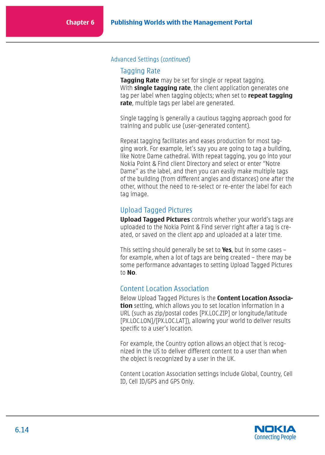 Nokia Nseries manual Tagging Rate, Upload Tagged Pictures, Content Location Association 