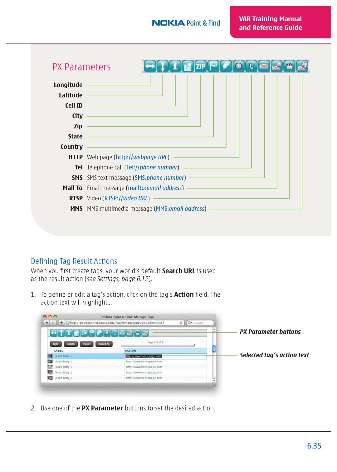 Nokia Nseries manual PX Parameters, Defining Tag Result Actions 