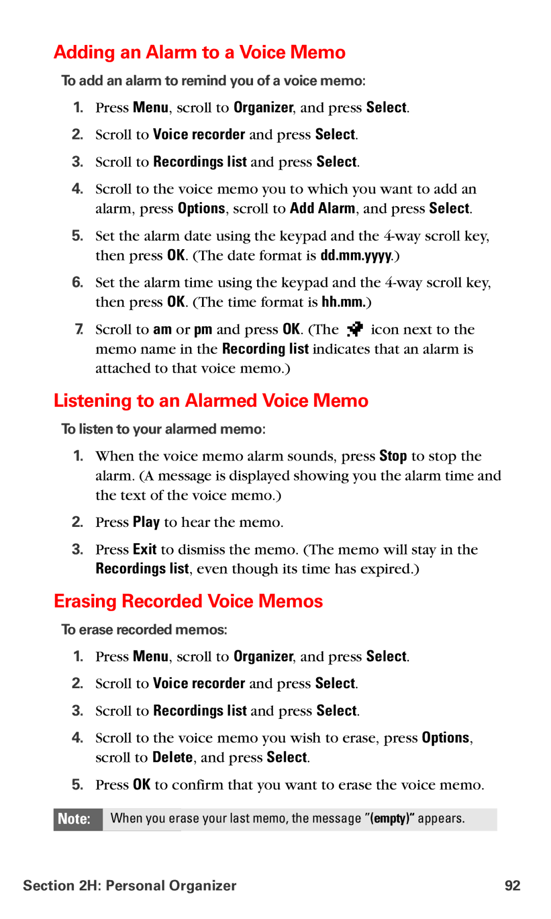 Nokia PM 3205 manual Adding an Alarm to a Voice Memo, Listening to an Alarmed Voice Memo, Erasing Recorded Voice Memos 