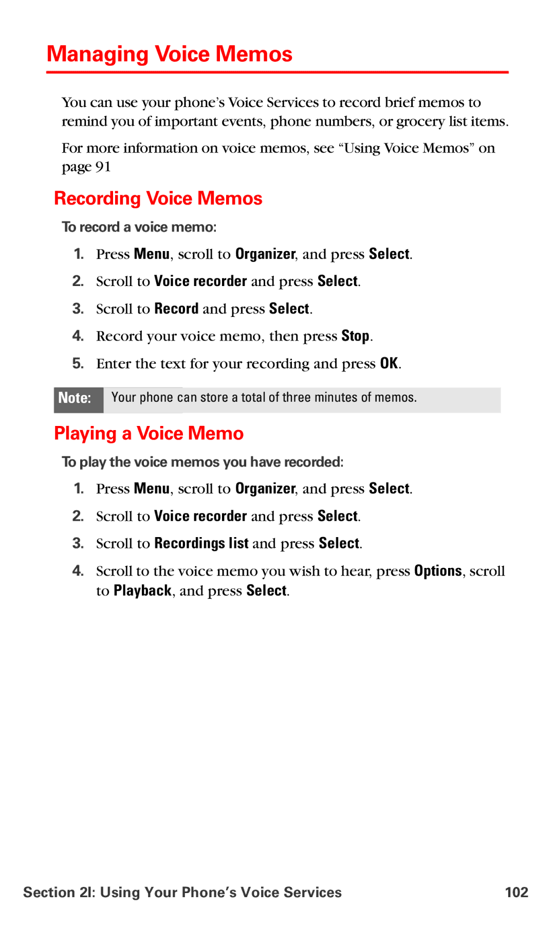 Nokia PM 3205 Managing Voice Memos, Recording Voice Memos, To record a voice memo, Using Your Phone’s Voice Services 102 