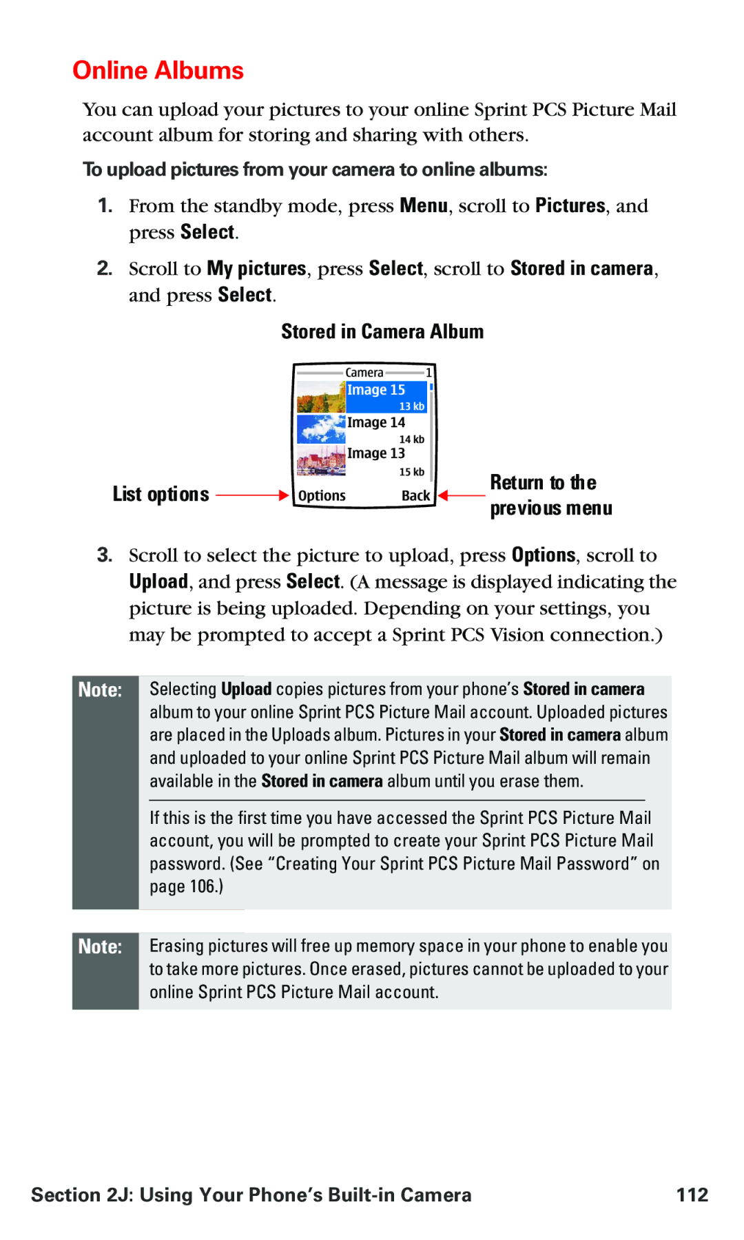 Nokia PM 3205 Online Albums, Stored in Camera Album List options, To upload pictures from your camera to online albums 