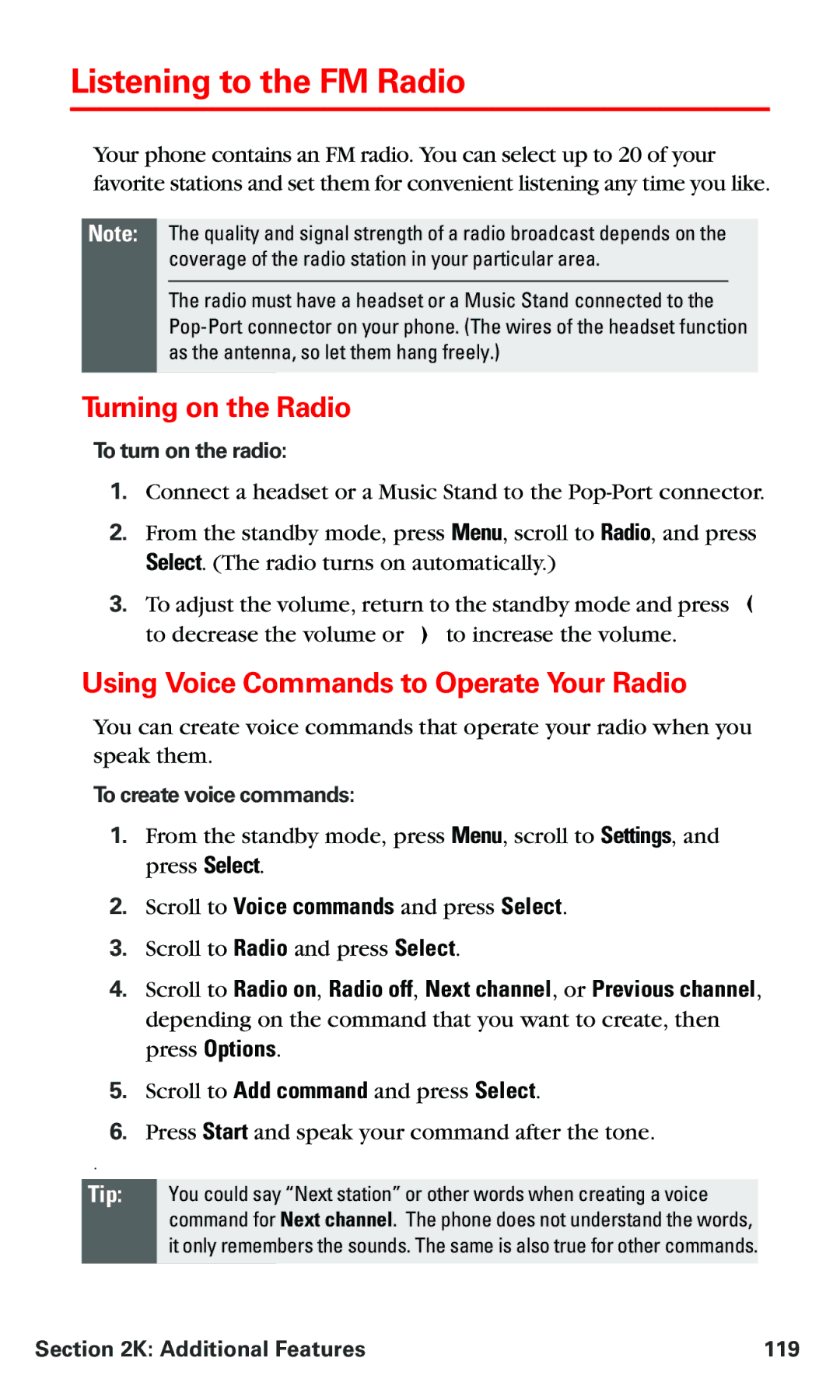 Nokia PM 3205 manual Listening to the FM Radio, Turning on the Radio, Using Voice Commands to Operate Your Radio 