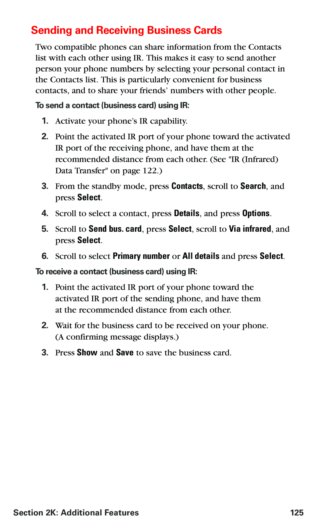 Nokia PM 3205 Sending and Receiving Business Cards, To send a contact business card using IR, Additional Features 125 