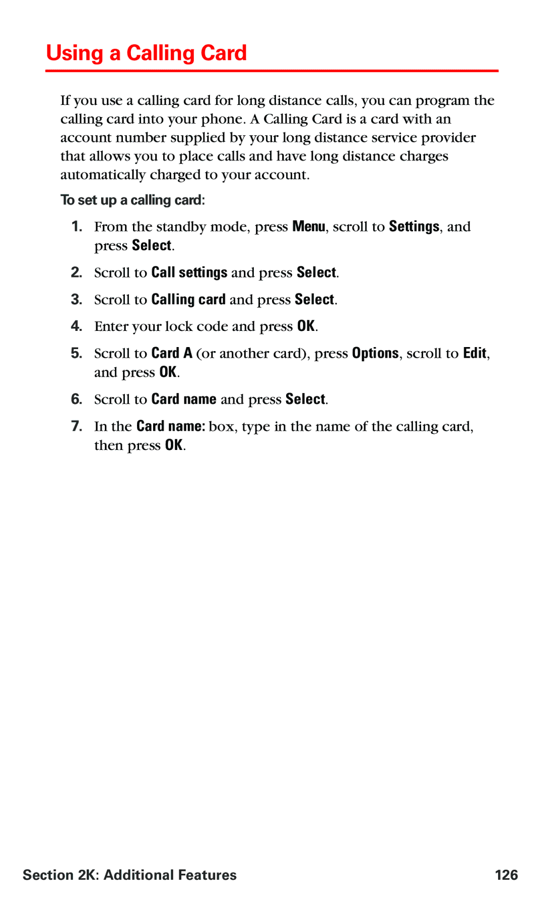 Nokia PM 3205 manual Using a Calling Card, To set up a calling card, Additional Features 126 