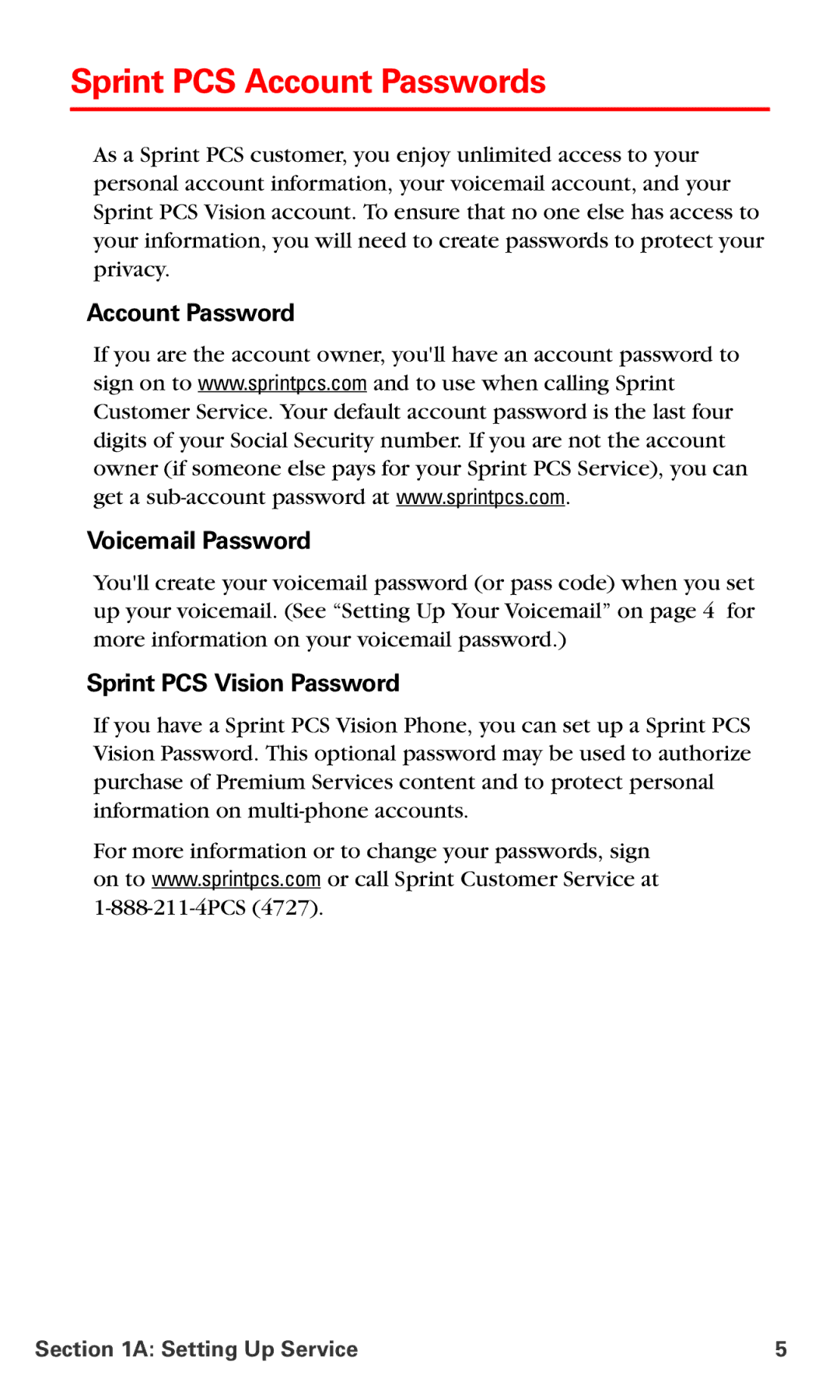 Nokia PM 3205 manual Sprint PCS Account Passwords, Account Password Voicemail Password, Sprint PCS Vision Password 