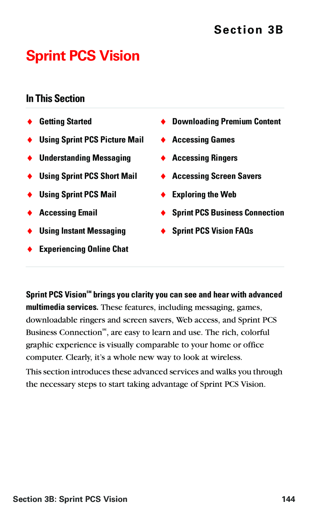 Nokia PM 3205 manual This Section, Sprint PCS Vision 144 