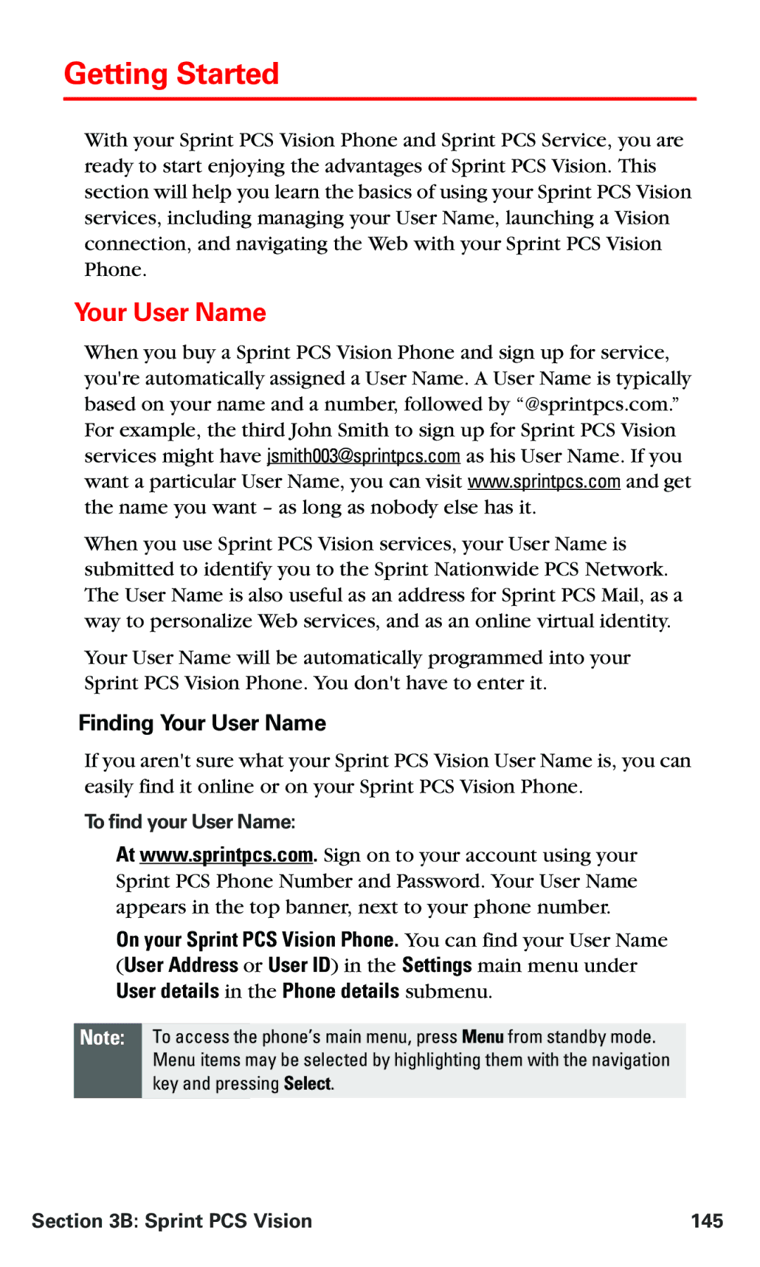 Nokia PM 3205 manual Getting Started, Finding Your User Name, To find your User Name, Sprint PCS Vision 145 