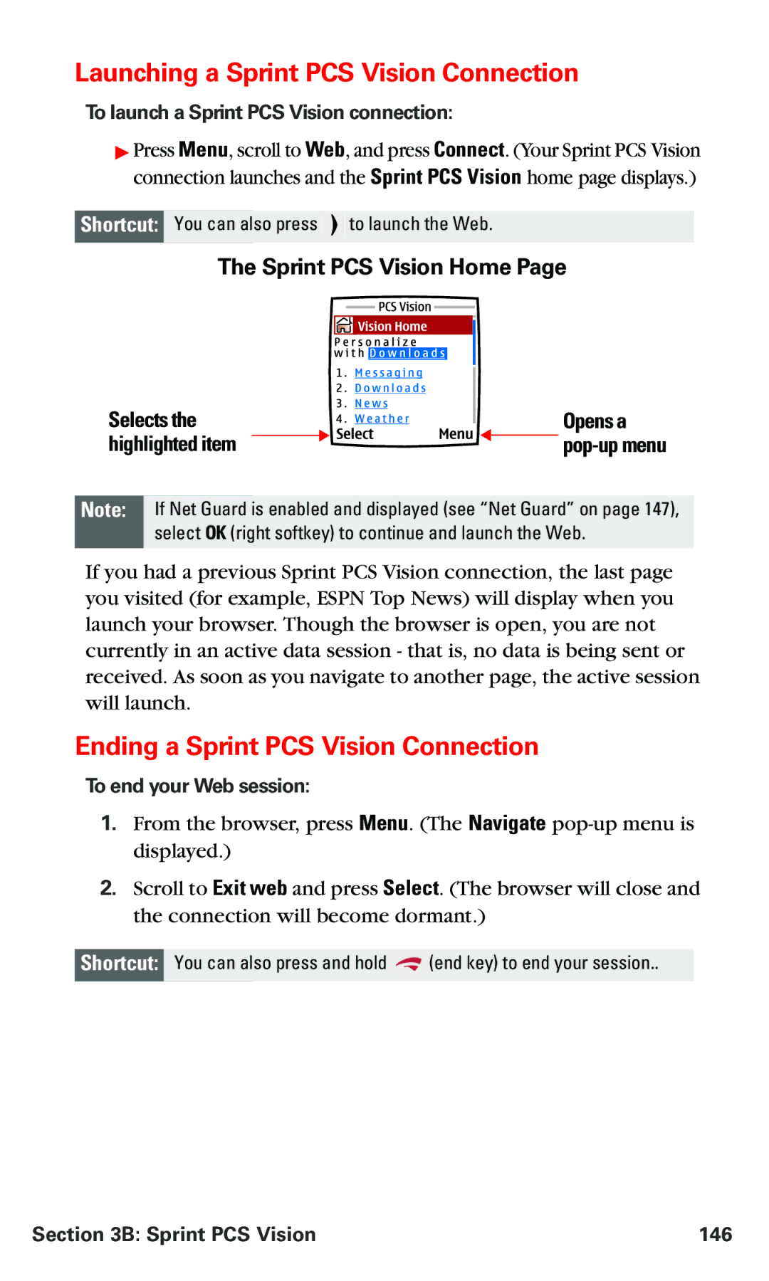 Nokia PM 3205 Launching a Sprint PCS Vision Connection, Ending a Sprint PCS Vision Connection, Sprint PCS Vision Home 