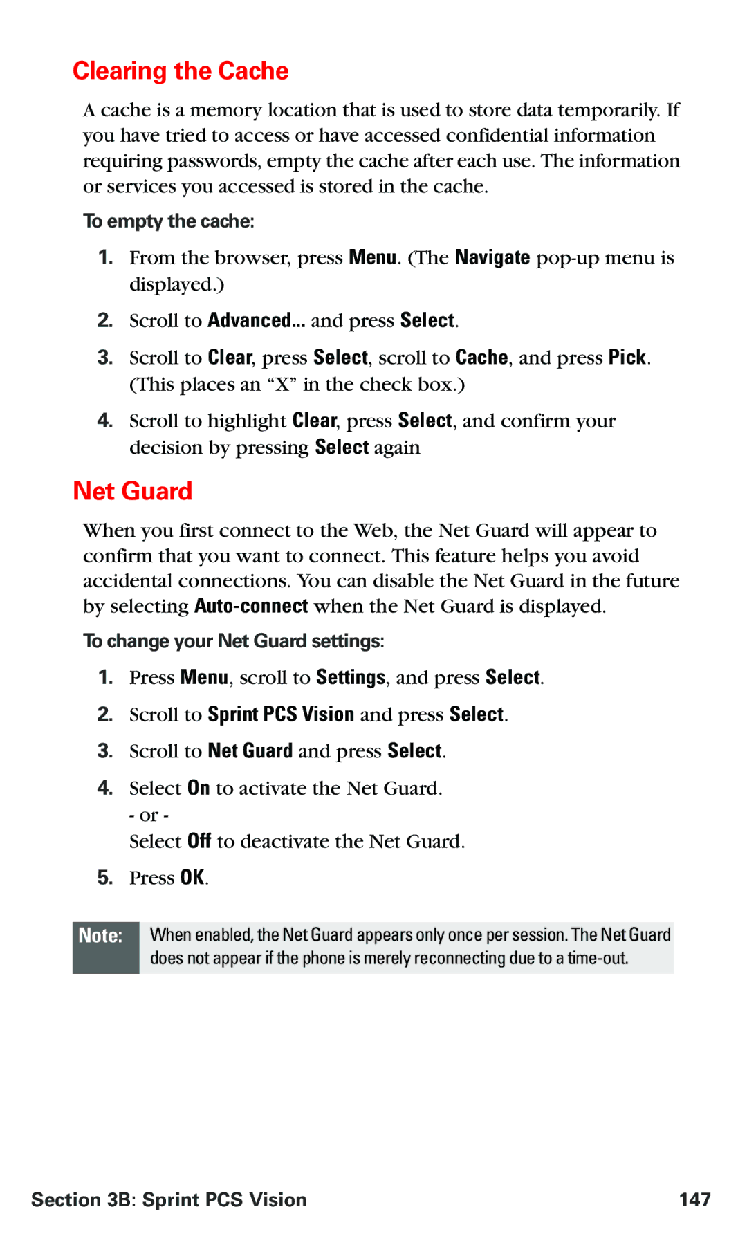 Nokia PM 3205 manual Clearing the Cache, To empty the cache, To change your Net Guard settings, Sprint PCS Vision 147 