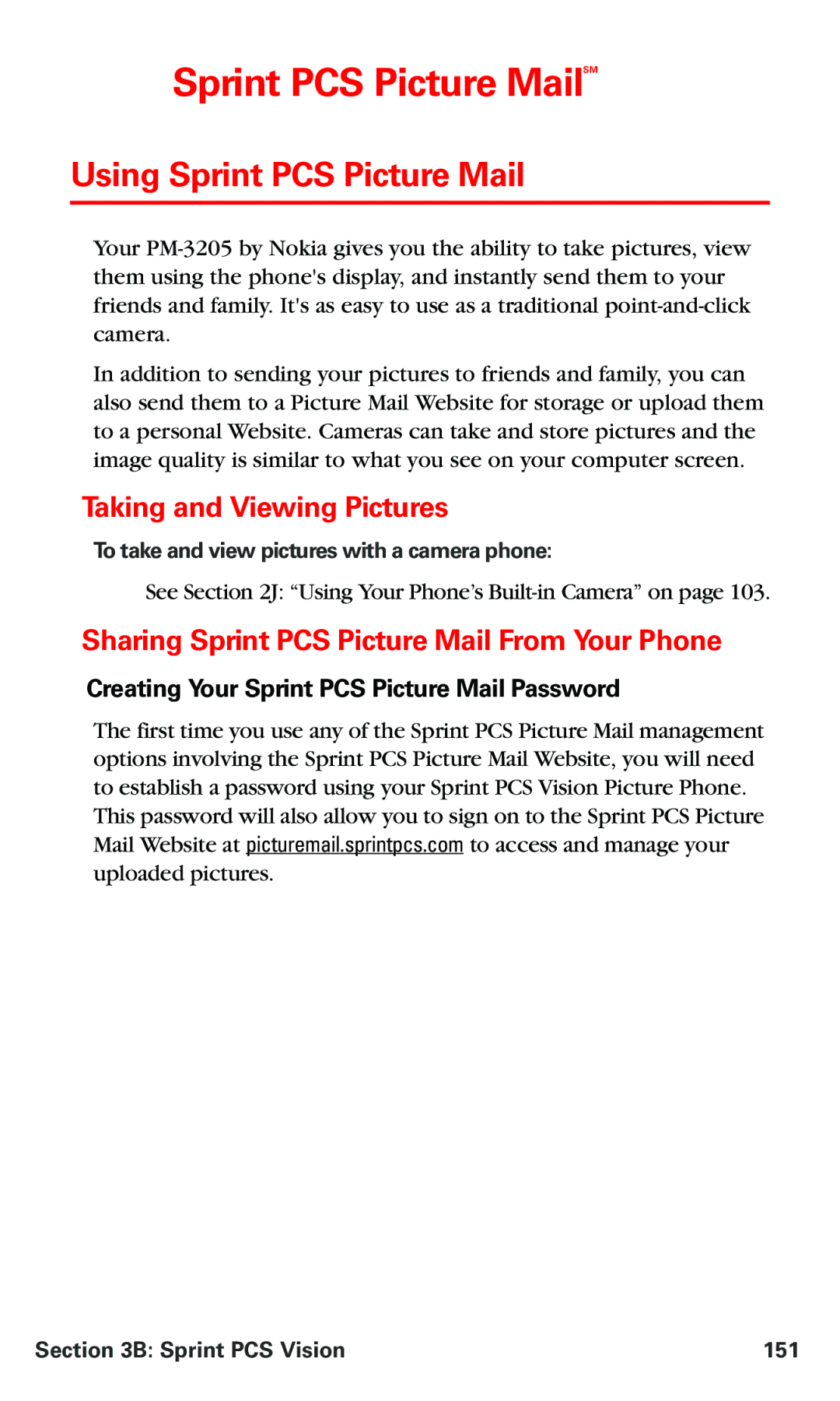 Nokia PM 3205 manual Sprint PCS Picture MailSM, Using Sprint PCS Picture Mail, Taking and Viewing Pictures 