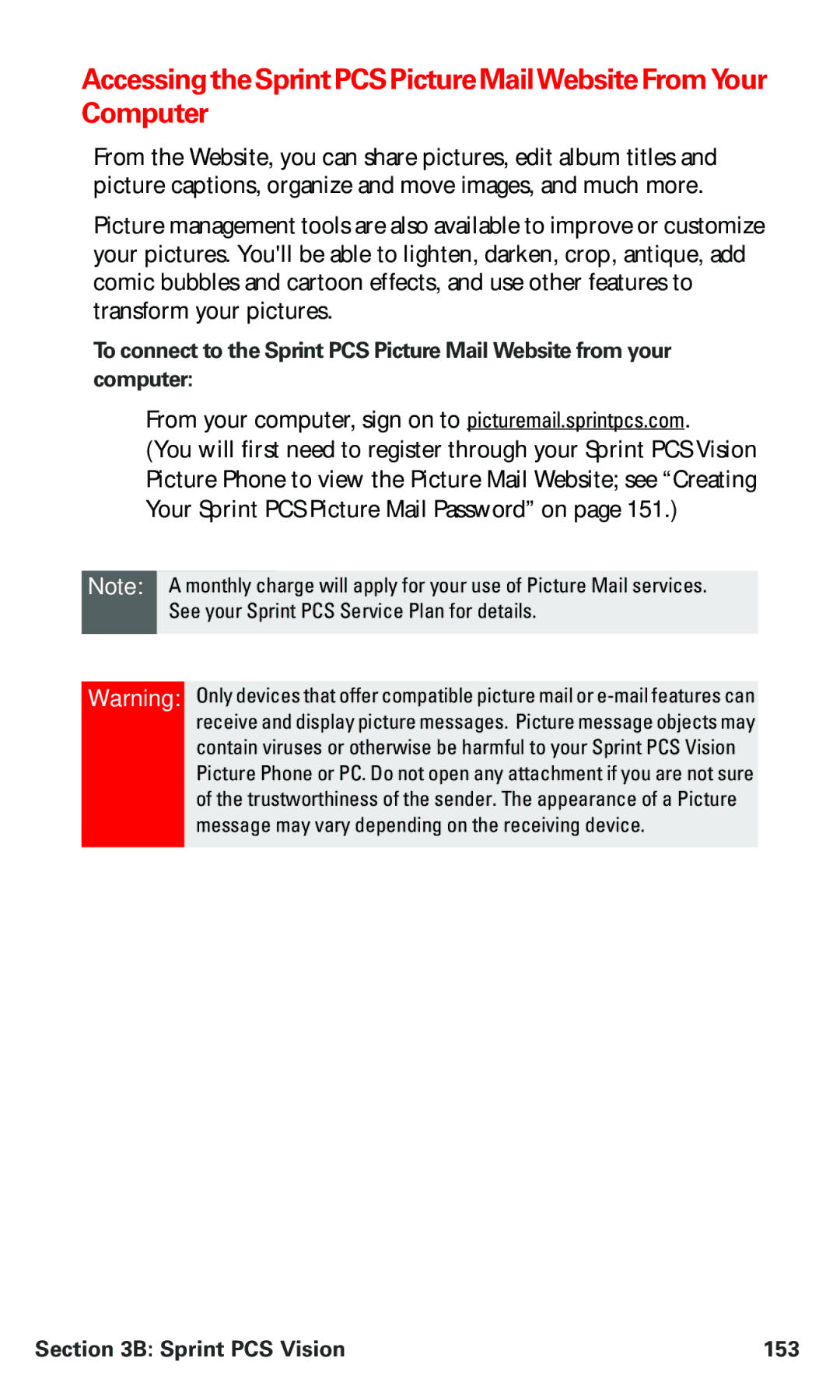 Nokia PM 3205 manual AccessingtheSprintPCSPictureMailWebsite From Your Computer, Sprint PCS Vision 153 