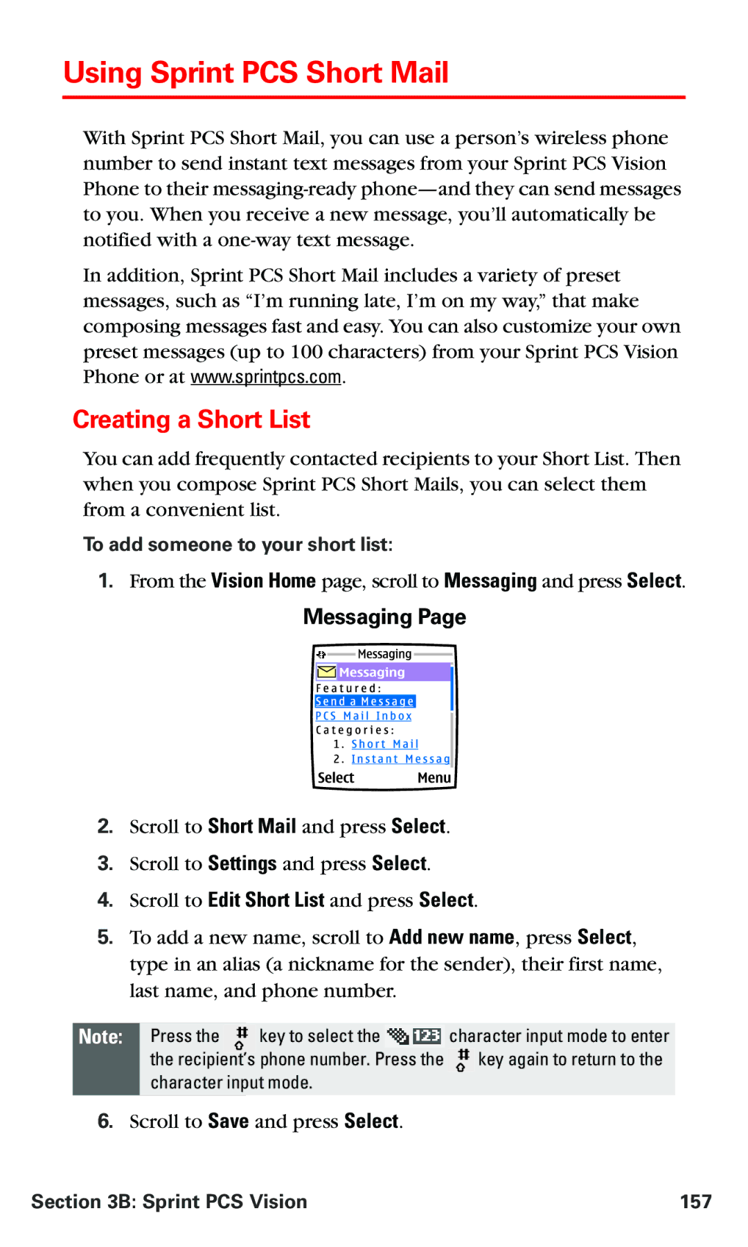 Nokia PM 3205 Using Sprint PCS Short Mail, Creating a Short List, Messaging, Scroll to Edit Short List and press Select 