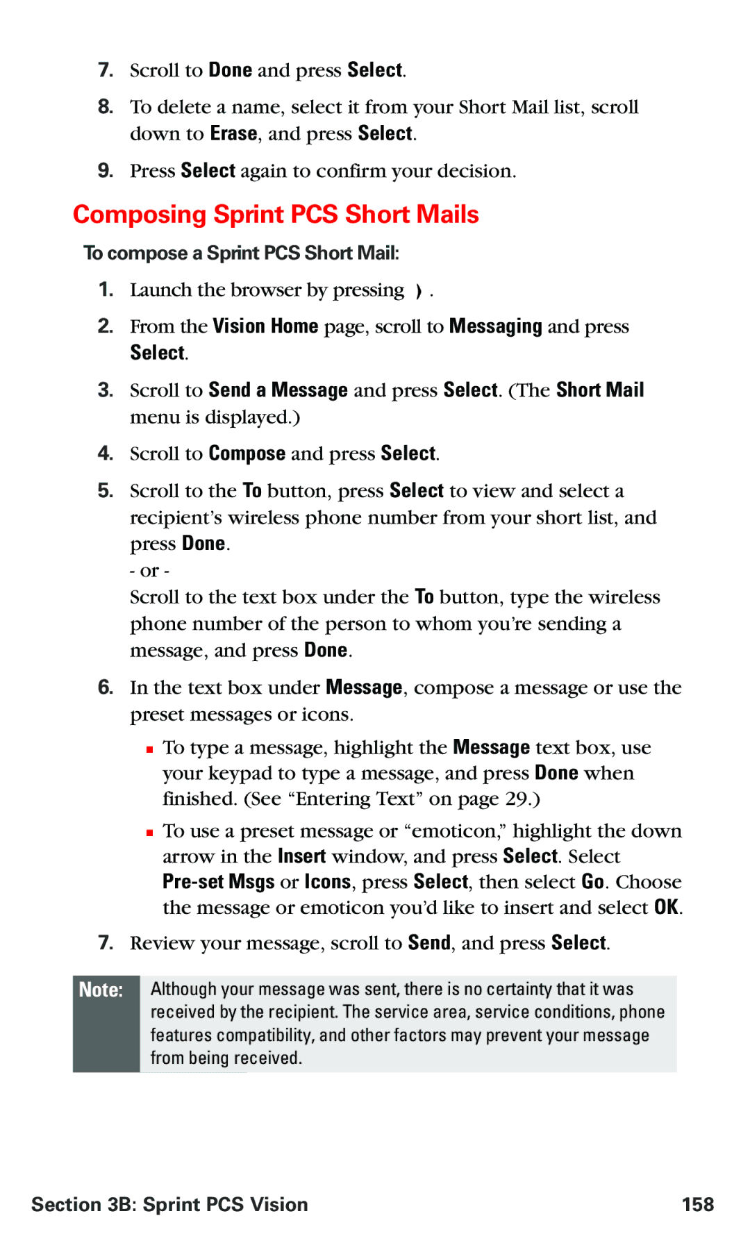 Nokia PM 3205 manual Composing Sprint PCS Short Mails, Select, To compose a Sprint PCS Short Mail, Sprint PCS Vision 158 
