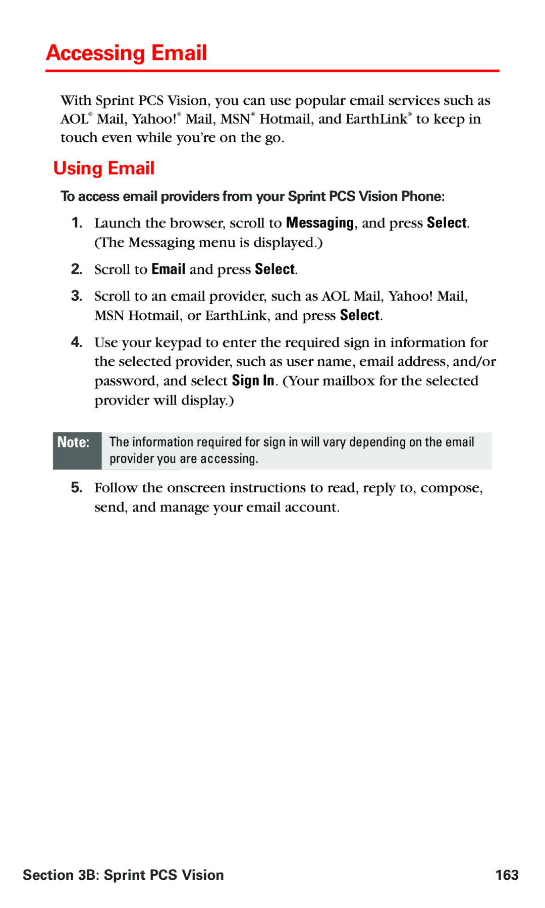 Nokia PM 3205 manual Accessing Email, Using Email, To access email providers from your Sprint PCS Vision Phone 