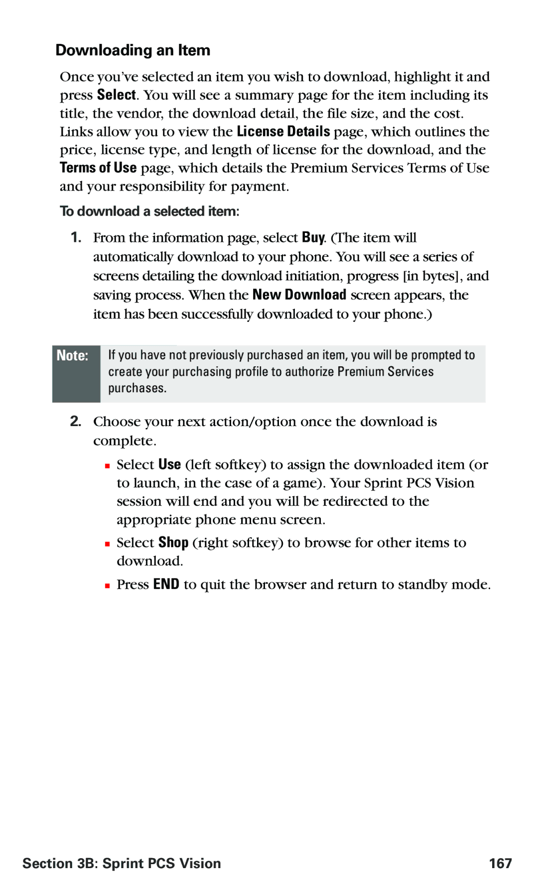 Nokia PM 3205 manual Downloading an Item, To download a selected item, Sprint PCS Vision 167 