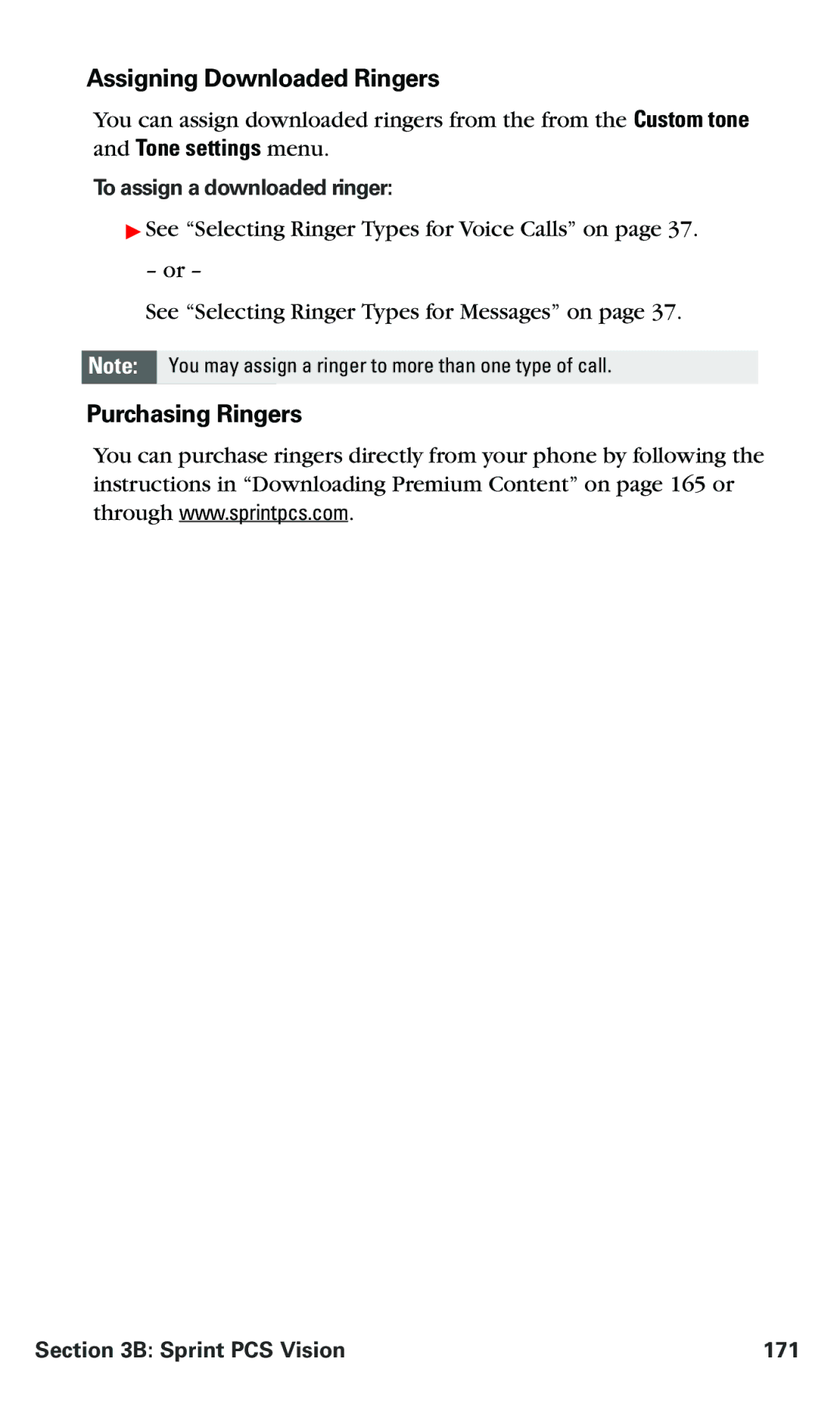 Nokia PM 3205 manual Assigning Downloaded Ringers, Purchasing Ringers, To assign a downloaded ringer, Sprint PCS Vision 171 