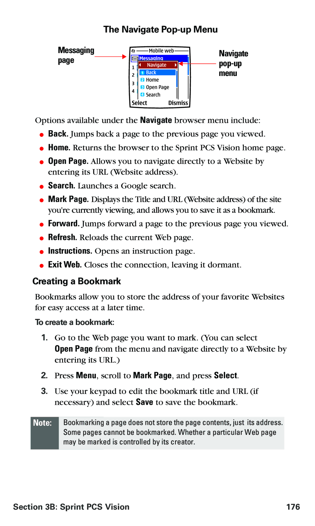 Nokia PM 3205 manual Navigate Popup Menu, Creating a Bookmark, To create a bookmark, Sprint PCS Vision 176 