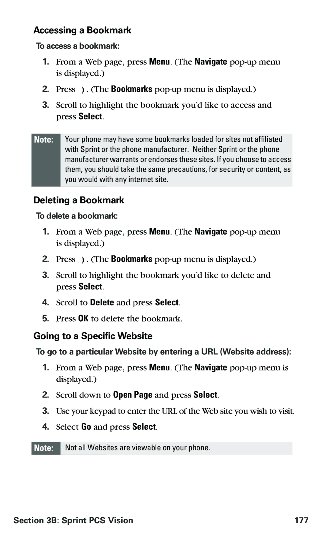 Nokia PM 3205 manual Accessing a Bookmark, Deleting a Bookmark, Going to a Specific Website 