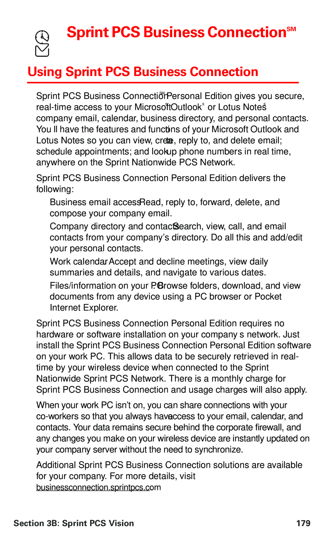 Nokia PM 3205 manual Sprint PCS Business ConnectionSM, Using Sprint PCS Business Connection, Sprint PCS Vision 179 