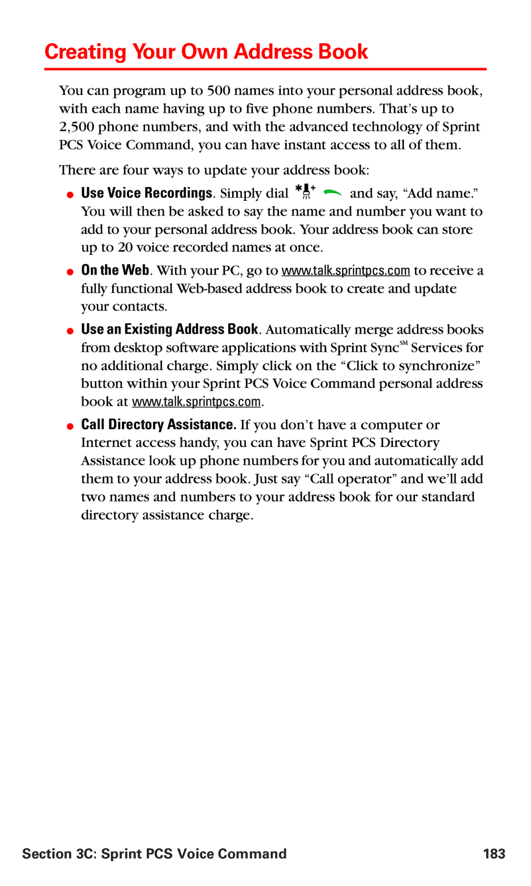 Nokia PM 3205 manual Creating Your Own Address Book, Sprint PCS Voice Command 183 