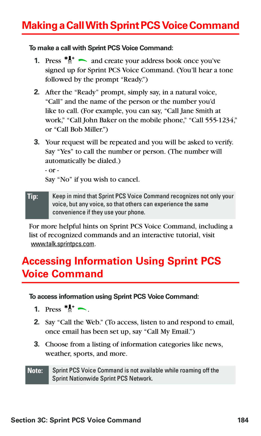 Nokia PM 3205 manual Making a Call With Sprint PCS Voice Command, Accessing Information Using Sprint PCS Voice Command 