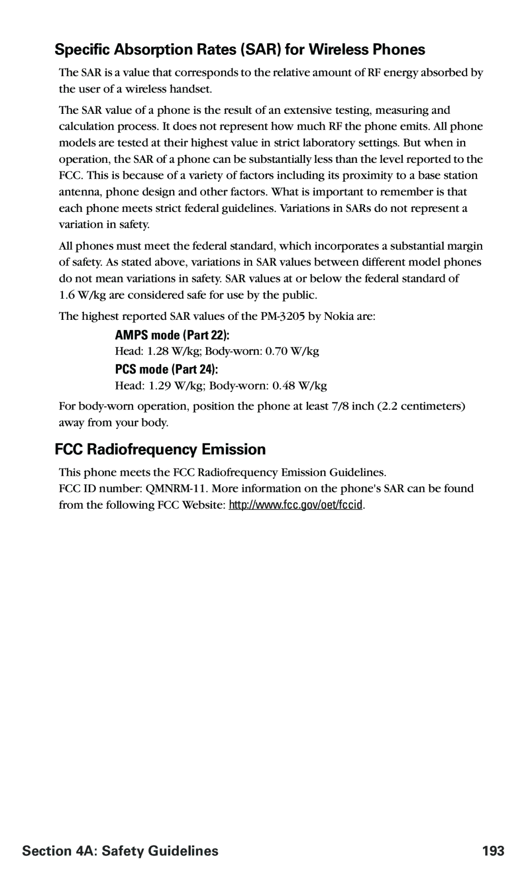 Nokia PM 3205 manual Specific Absorption Rates SAR for Wireless Phones, FCC Radiofrequency Emission, Safety Guidelines 193 