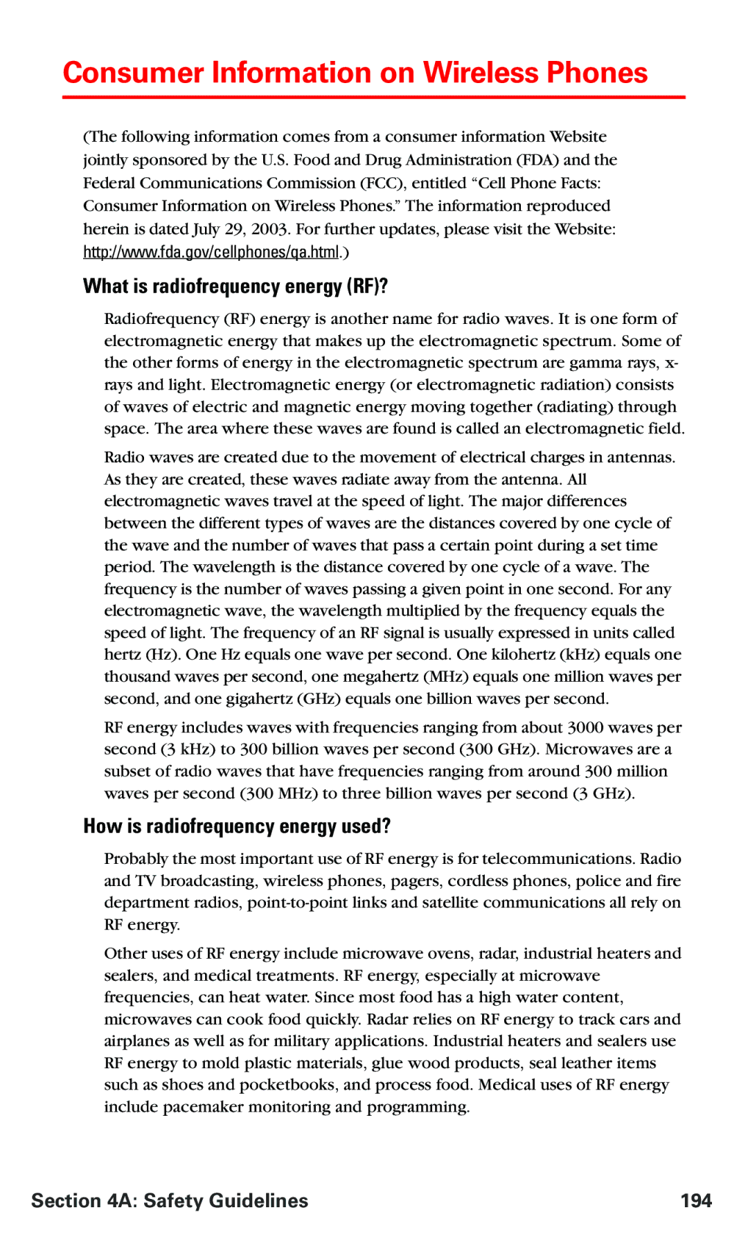 Nokia PM 3205 manual Consumer Information on Wireless Phones, What is radiofrequency energy RF?, Safety Guidelines 194 