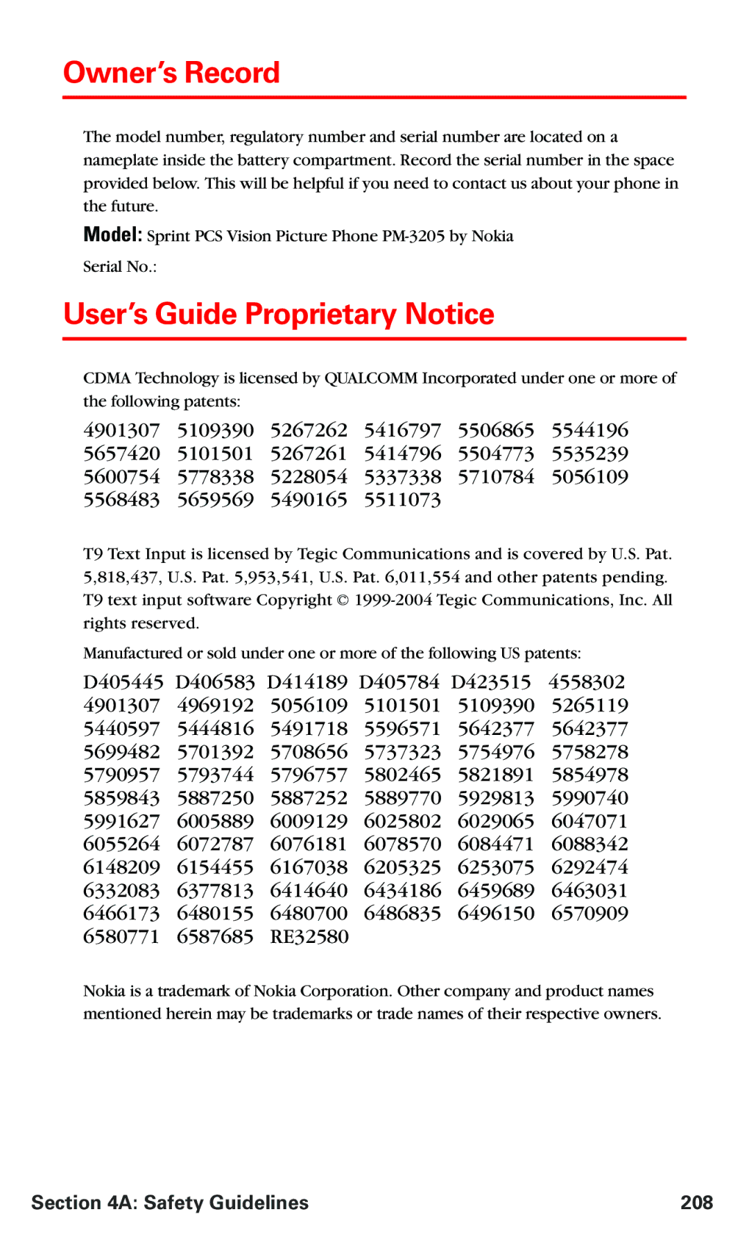 Nokia PM 3205 manual Owner’s Record, User’s Guide Proprietary Notice, Safety Guidelines 208 