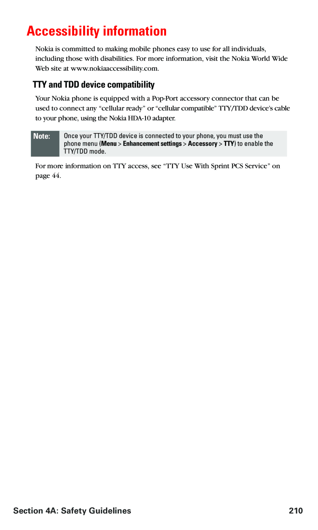 Nokia PM 3205 manual TTY and TDD device compatibility, Safety Guidelines 210 