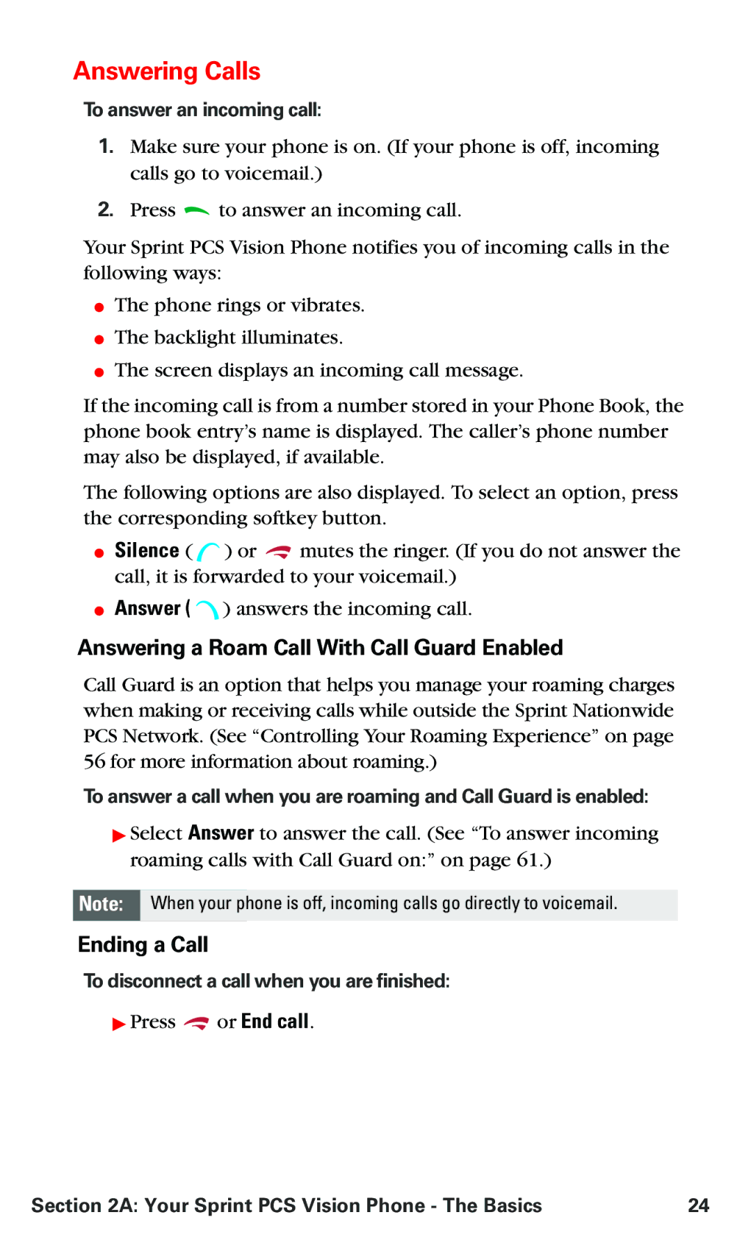 Nokia PM 3205 Answering Calls, Answering a Roam Call With Call Guard Enabled, Ending a Call, To answer an incoming call 