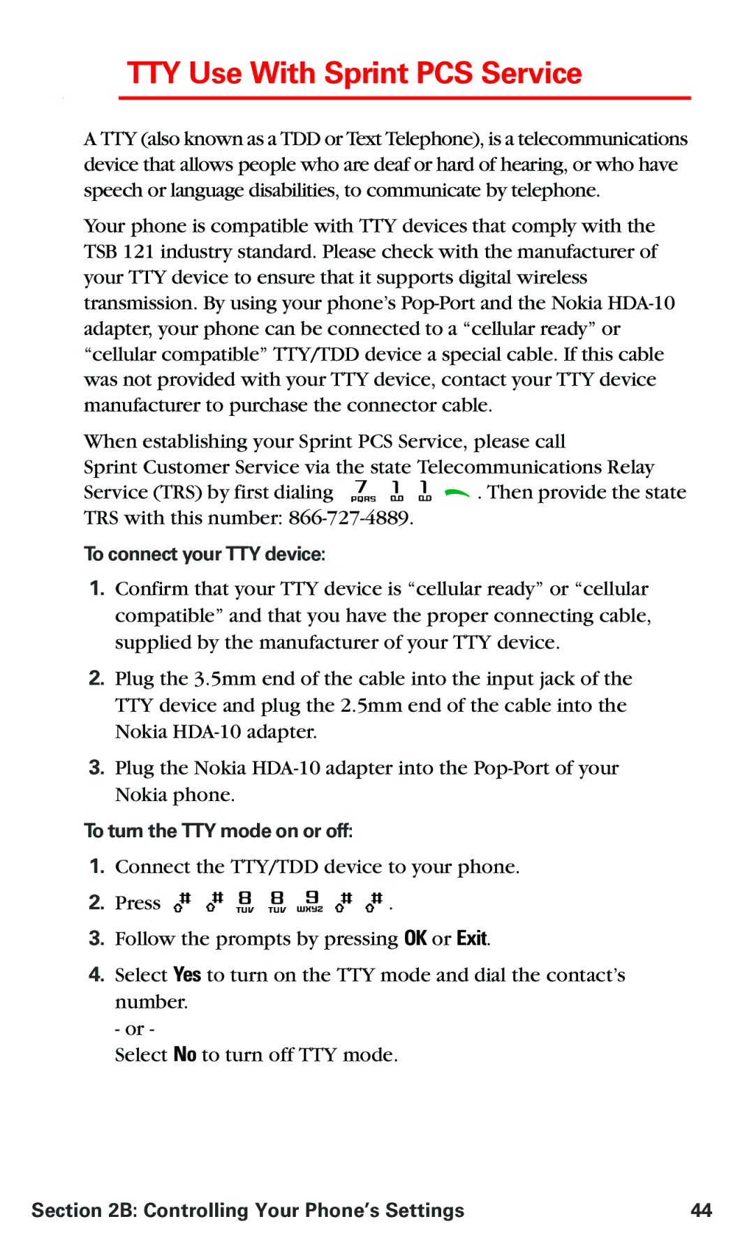 Nokia PM 3205 manual TTY Use With Sprint PCS Service, To connect your TTY device, To turn the TTY mode on or off 