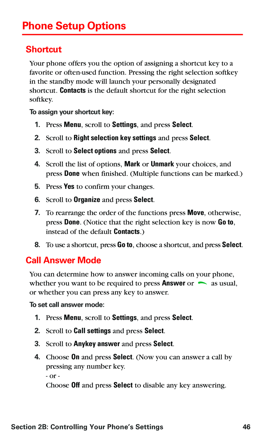 Nokia PM 3205 Phone Setup Options, Shortcut, Call Answer Mode, Scroll to Right selection key settings and press Select 