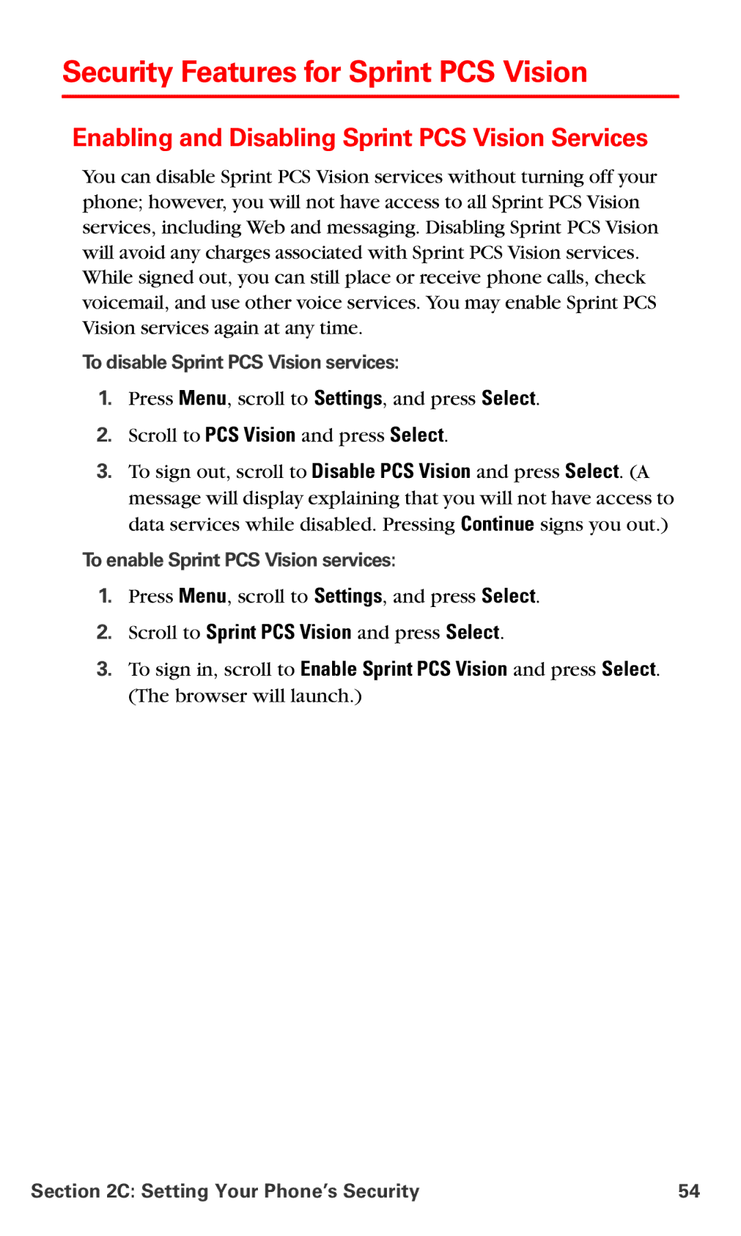 Nokia PM 3205 manual Security Features for Sprint PCS Vision, Enabling and Disabling Sprint PCS Vision Services 