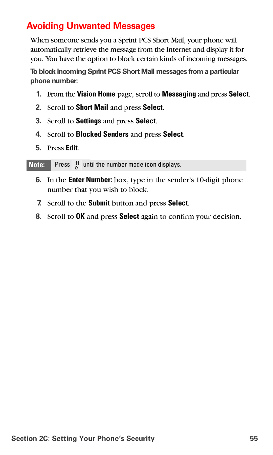 Nokia PM 3205 manual Avoiding Unwanted Messages, Scroll to Blocked Senders and press Select 