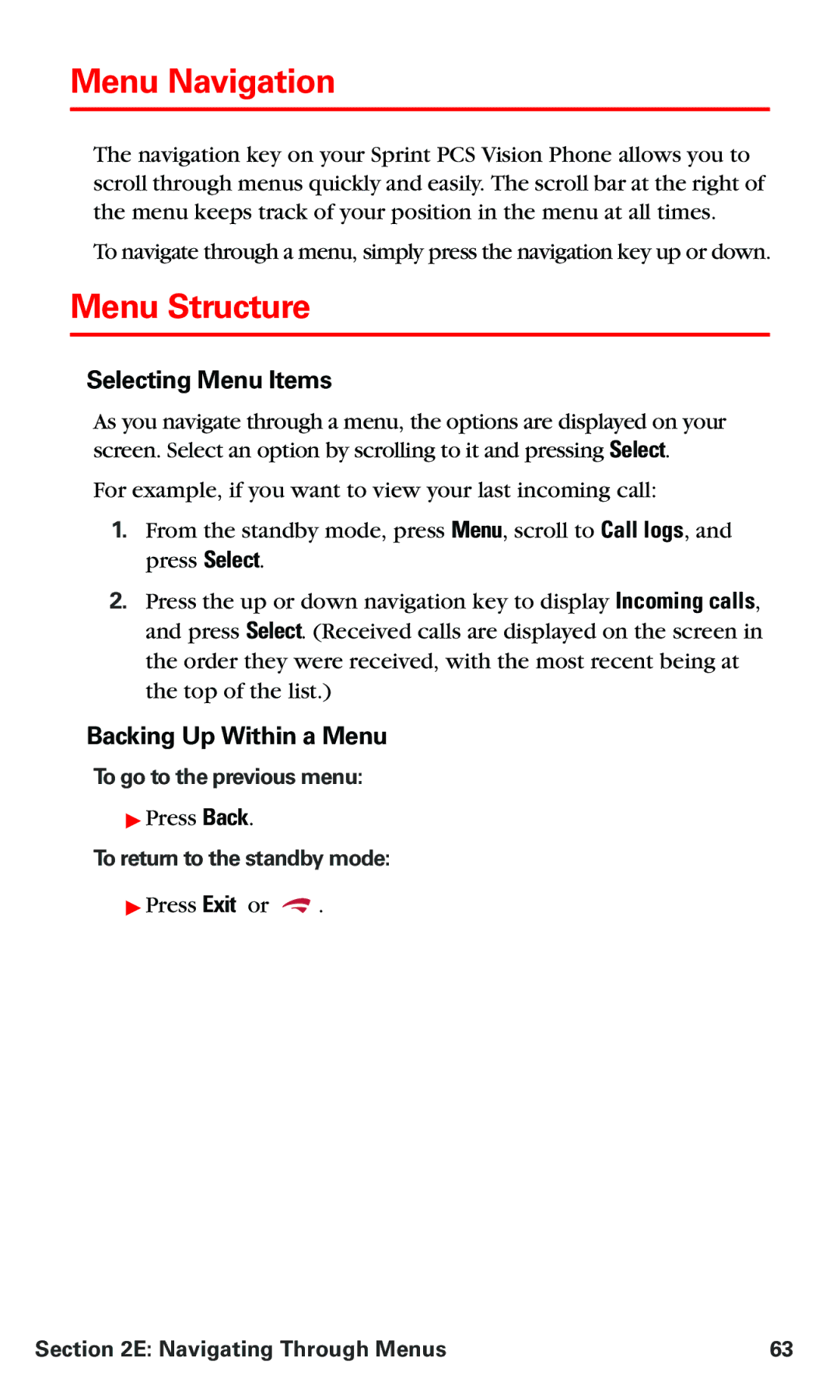 Nokia PM 3205 manual Menu Navigation, Menu Structure, Selecting Menu Items, Backing Up Within a Menu 