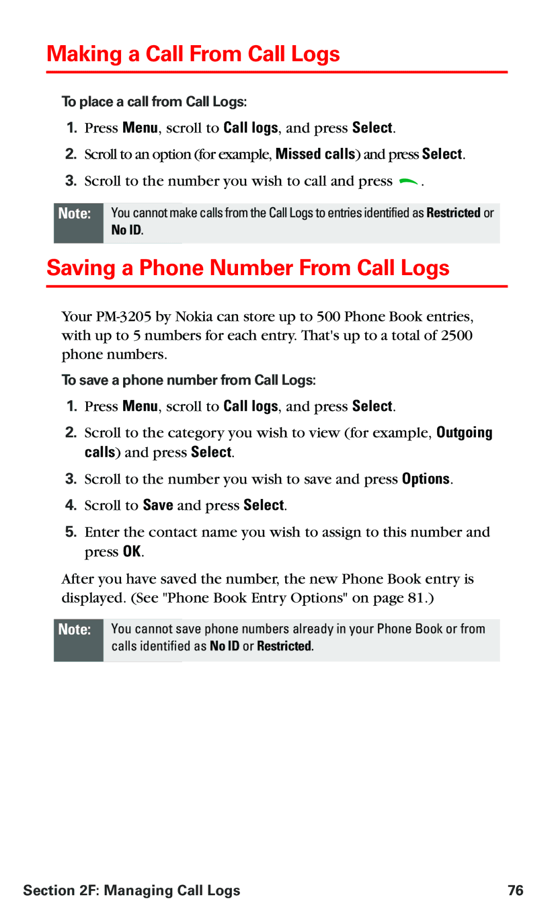 Nokia PM 3205 manual Making a Call From Call Logs, Saving a Phone Number From Call Logs, To place a call from Call Logs 