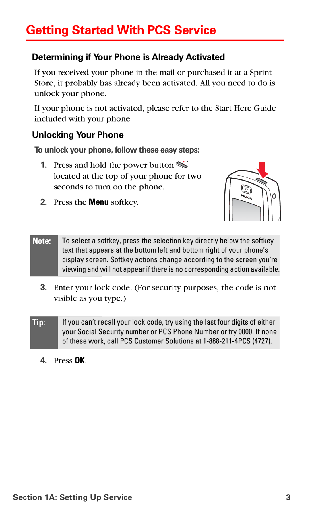 Nokia PM-6225 manual Getting Started With PCS Service, Determining if Your Phone is Already Activated, Unlocking Your Phone 