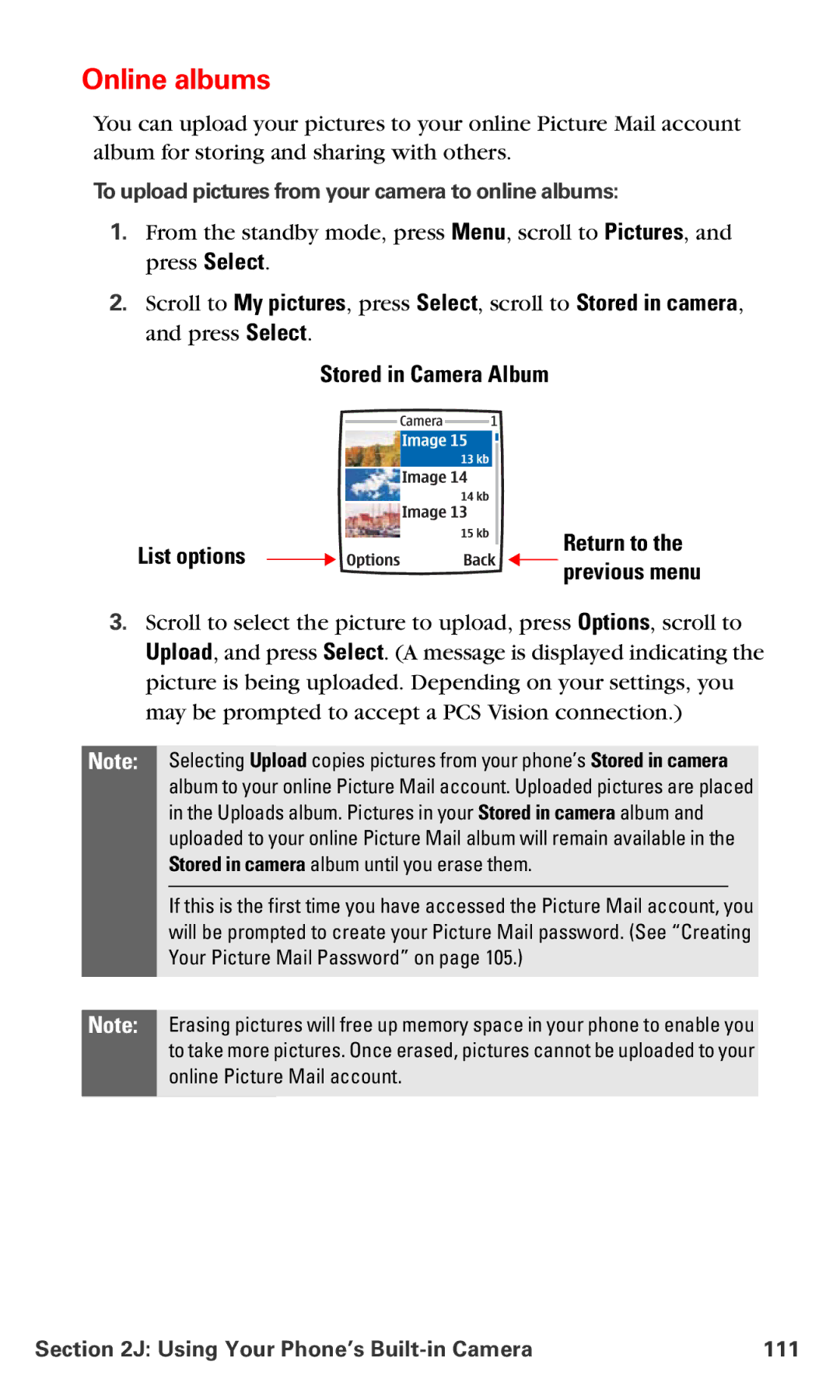 Nokia PM-6225 Online albums, Stored in Camera Album List options, To upload pictures from your camera to online albums 