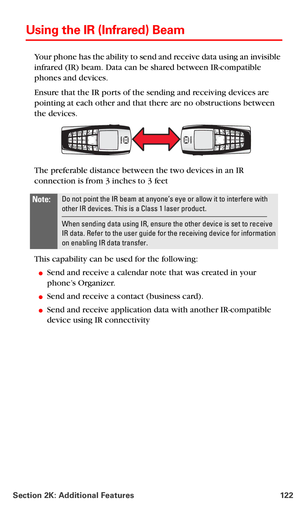 Nokia PM-6225 manual Using the IR Infrared Beam, Additional Features 122 