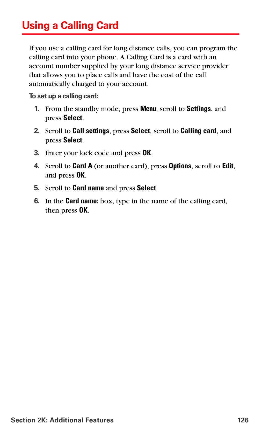 Nokia PM-6225 manual Using a Calling Card, To set up a calling card, Additional Features 126 