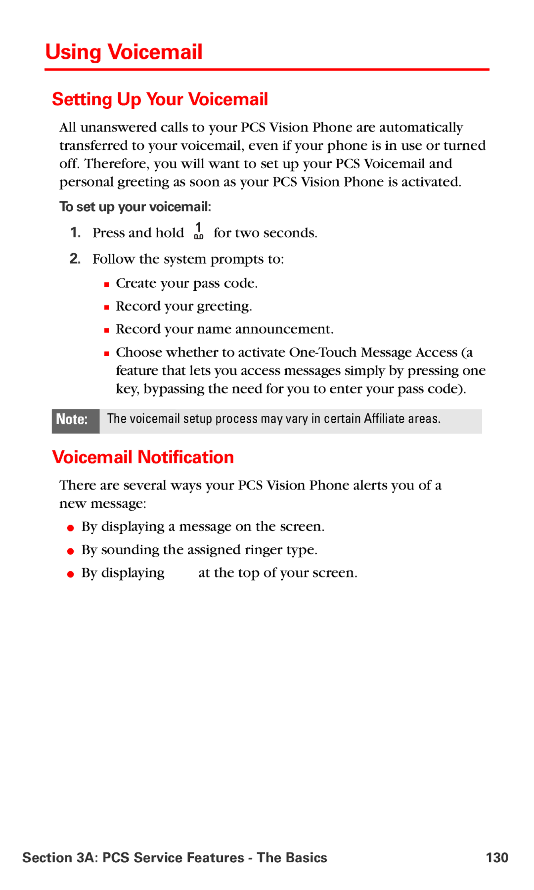 Nokia PM-6225 Using Voicemail, Setting Up Your Voicemail, Voicemail Notification, PCS Service Features The Basics 130 