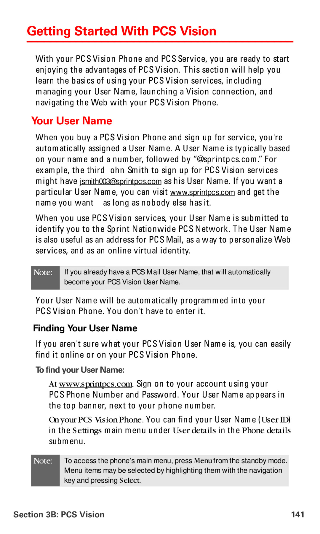 Nokia PM-6225 manual Getting Started With PCS Vision, Finding Your User Name, To find your User Name, PCS Vision 141 