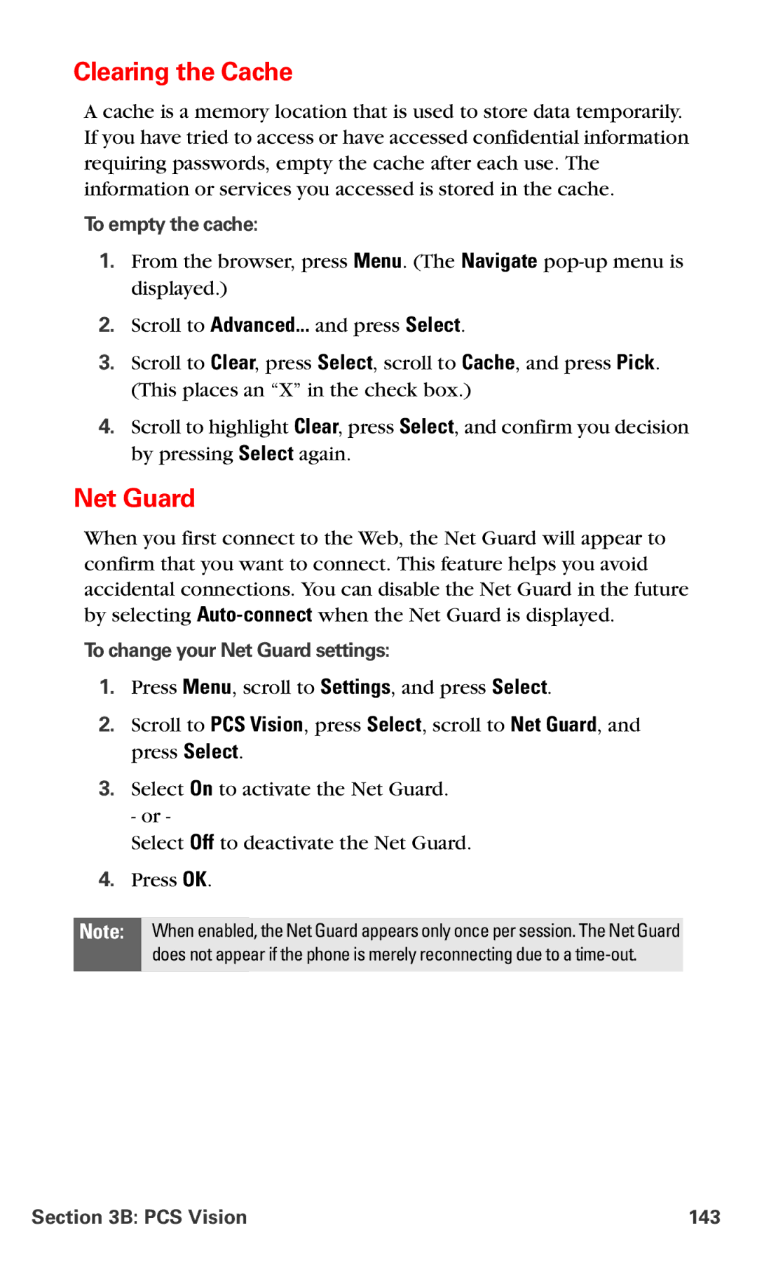 Nokia PM-6225 manual Clearing the Cache, To empty the cache, To change your Net Guard settings, PCS Vision 143 
