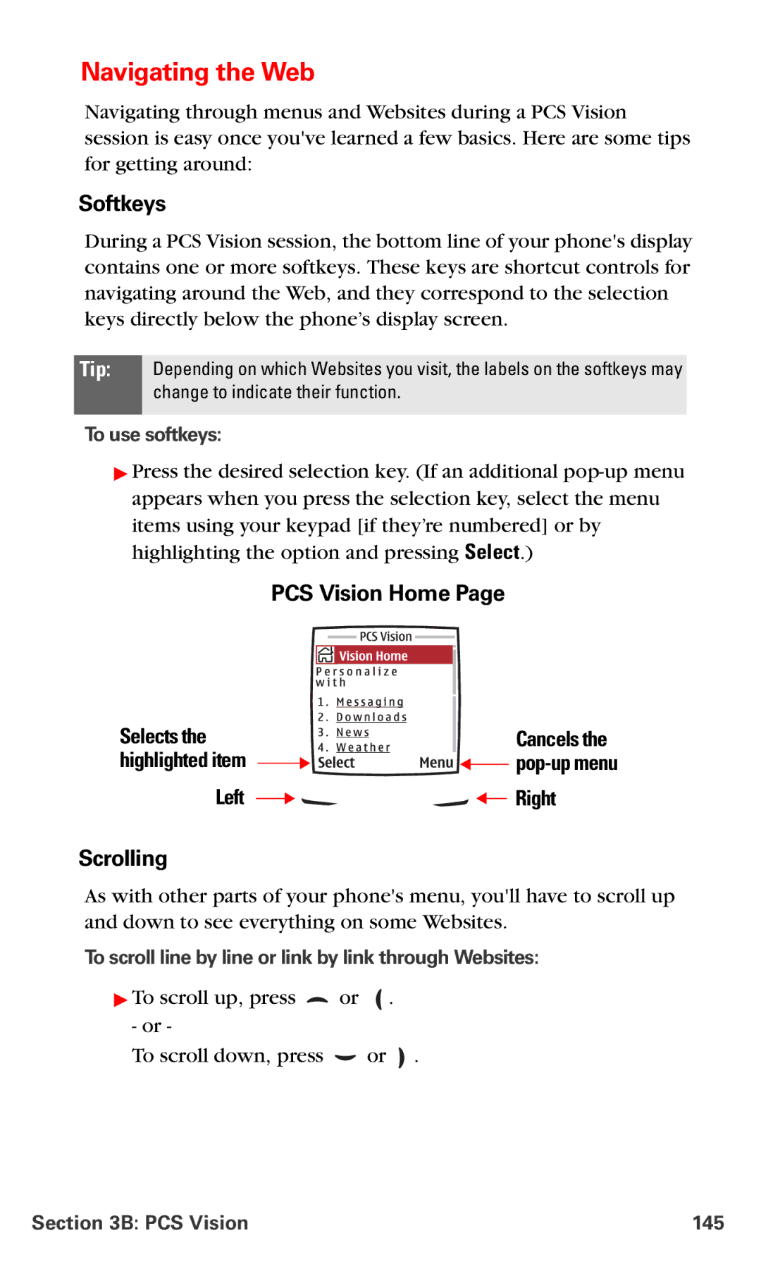 Nokia PM-6225 manual Navigating the Web, Softkeys, Scrolling, Left, Right 